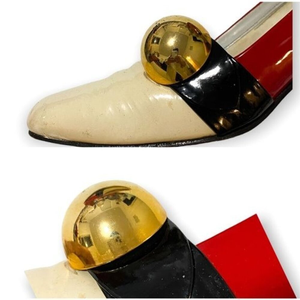 Vintage 1960s Herbert Levine Mod Patent Color Block Pumps Gold Orb Original Box - Picture 11 of 16